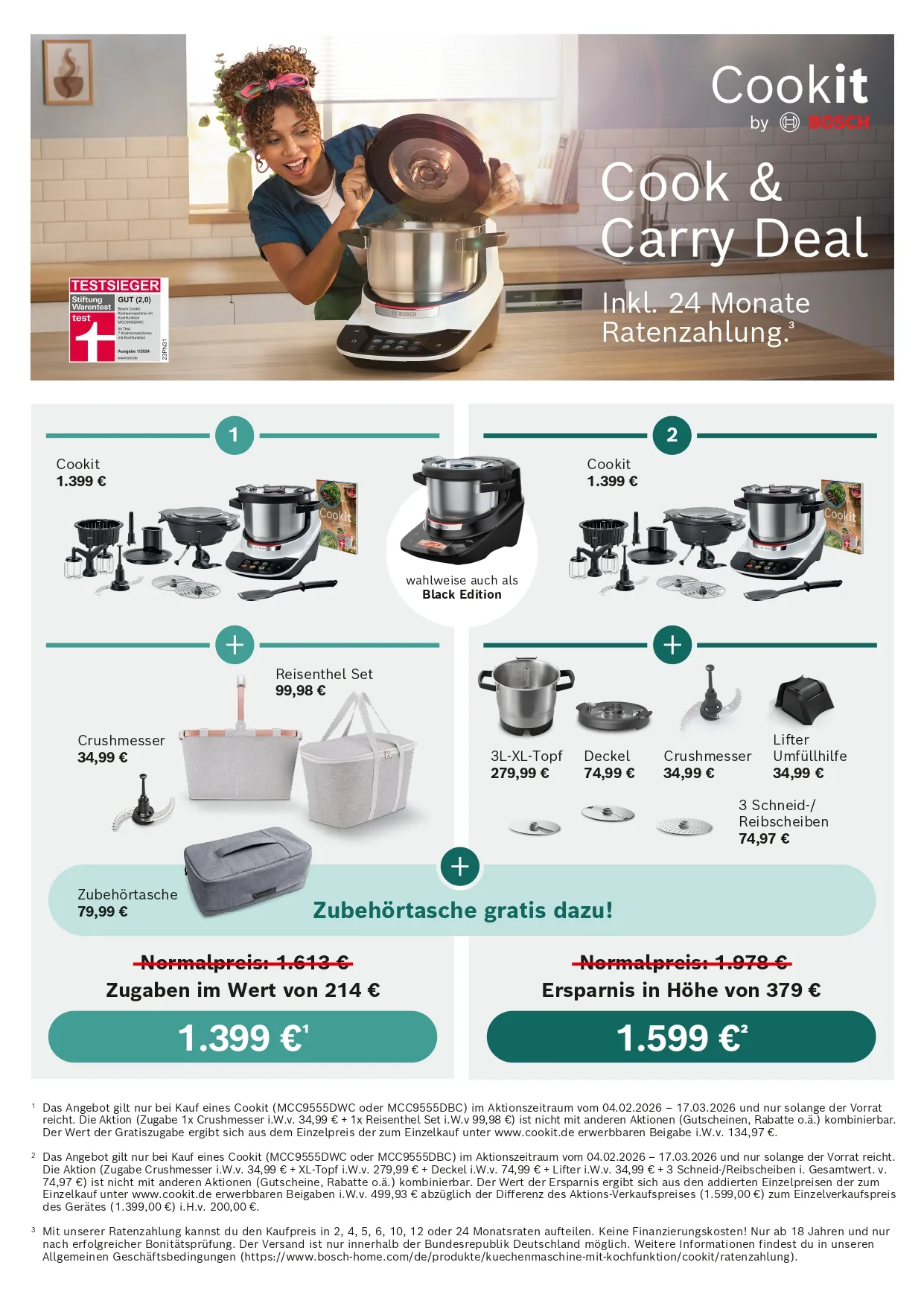 KochBAR Emsdetten – Kochstudio – Diese Anzeige präsentiert Sonderangebote für die Bosch Cookit Küchenmaschine und hebt Zubehörpakete sowie Finanzierungsmöglichkeiten hervor.