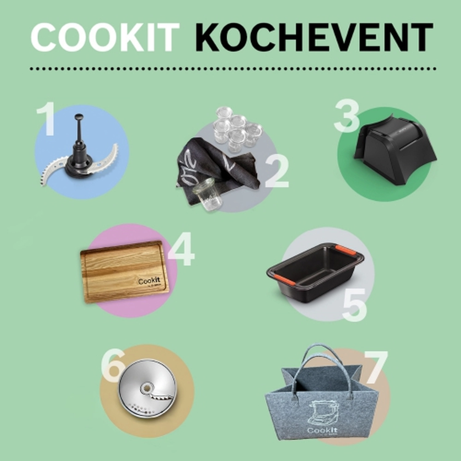 KochBAR Emsdetten – Kochstudio – Das Bild zeigt verschiedene Küchenaccessoires und -geräte, nummeriert von 1 bis 7, unter der Marke „Cookit“.